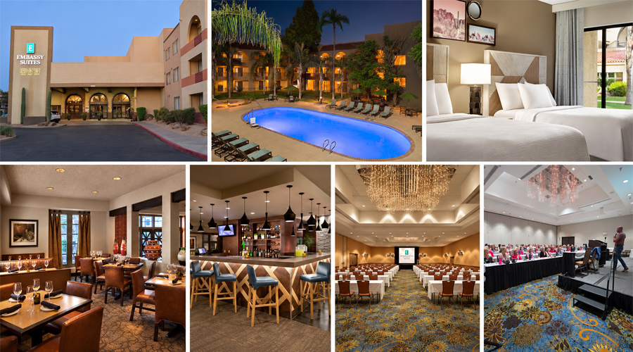 Embassy Suites hotel exterior, pool, guest suite, dining areas, and conference spaces.